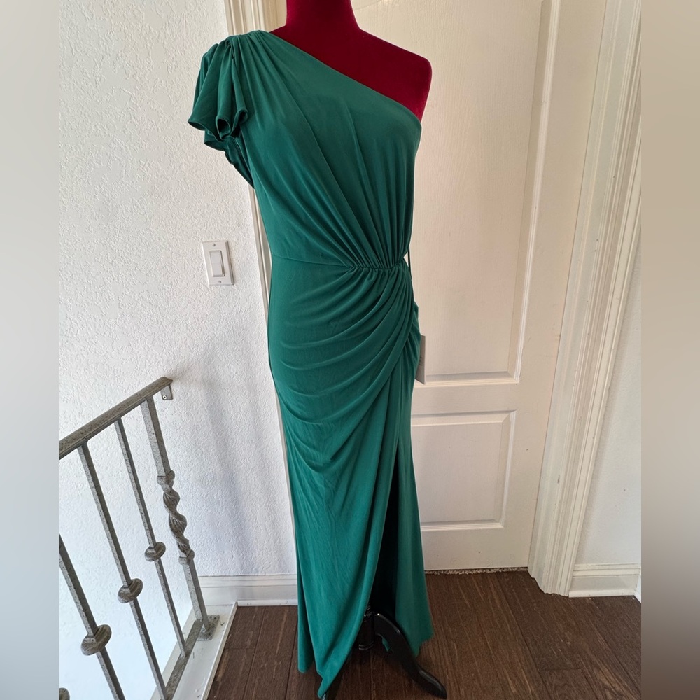 🦄 NWT Mac Duggal Sz 2 Emerald Ruched Long Slit One Shoulder Dress 67858 - Picture 2 of 9